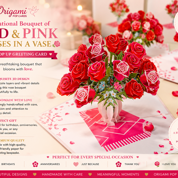 Sensational Bouquet of Red & Pink Roses in a Vase Origami Pop Cards 3D Pop Up Greeting Card Happy Birthday Thank You Handmade Gift Thinking of You Blank Card for Any Occasion Happy Mother's Day Happy Father's Australiana Celebrate and Romantic