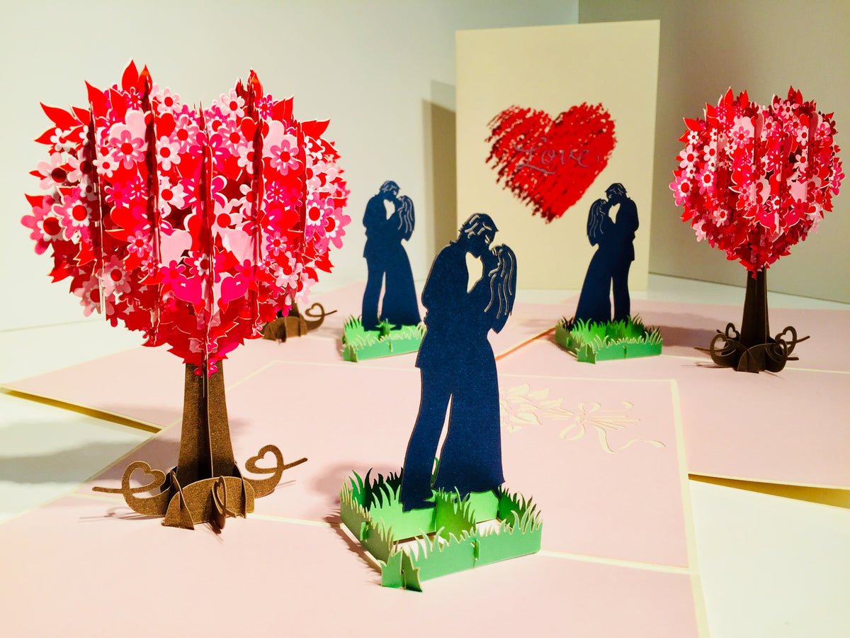 Silhouette Couple Kissing Under a Tree of Love Heart - Origami Pop Cards 3D Pop Up Greeting Card Merry Christmas Thank You Handmade Best Wishes Blank Card Gift Happy Holidays Celebrate the Special Day Moment with Family and Friends