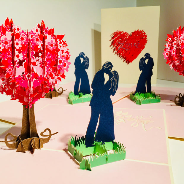 Silhouette Couple Kissing Under a Tree of Love Heart - Origami Pop Cards 3D Pop Up Greeting Card Merry Christmas Thank You Handmade Best Wishes Blank Card Gift Happy Holidays Celebrate the Special Day Moment with Family and Friends