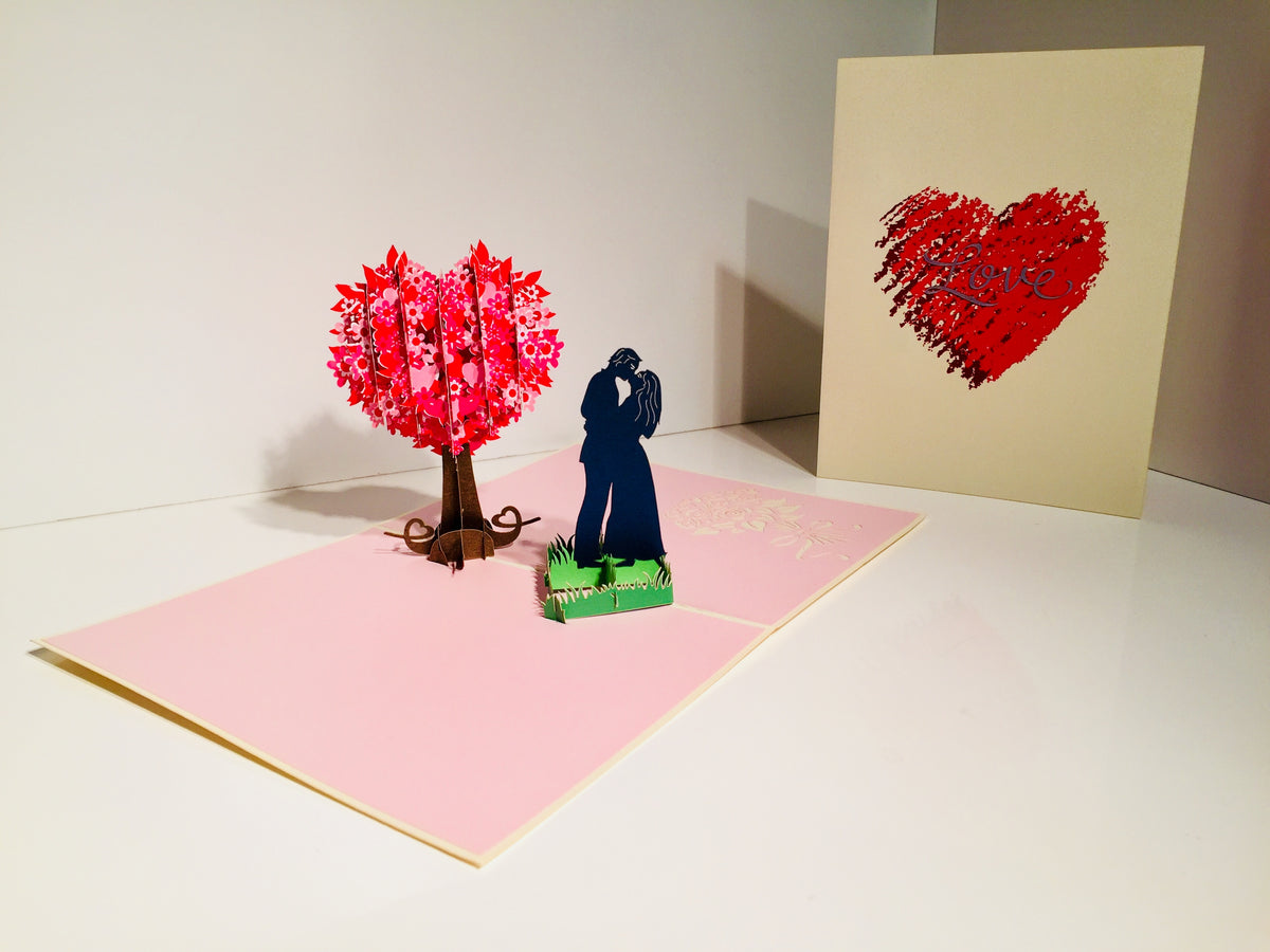 Silhouette Couple Kissing Under a Tree of Love Heart - Origami Pop Cards 3D Pop Up Greeting Card Merry Christmas Thank You Handmade Best Wishes Blank Card Gift Happy Holidays Celebrate the Special Day Moment with Family and Friends