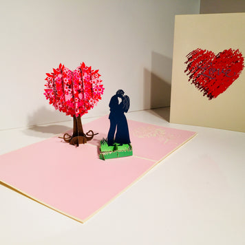 Silhouette Couple Kissing Under a Tree of Love Heart - Origami Pop Cards 3D Pop Up Greeting Card Merry Christmas Thank You Handmade Best Wishes Blank Card Gift Happy Holidays Celebrate the Special Day Moment with Family and Friends