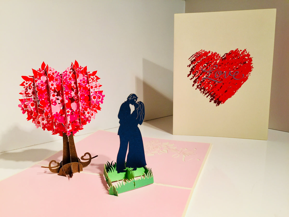 Silhouette Couple Kissing Under a Tree of Love Heart - Origami Pop Cards 3D Pop Up Greeting Card Merry Christmas Thank You Handmade Best Wishes Blank Card Gift Happy Holidays Celebrate the Special Day Moment with Family and Friends