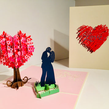 Silhouette Couple Kissing Under a Tree of Love Heart - Origami Pop Cards 3D Pop Up Greeting Card Merry Christmas Thank You Handmade Best Wishes Blank Card Gift Happy Holidays Celebrate the Special Day Moment with Family and Friends