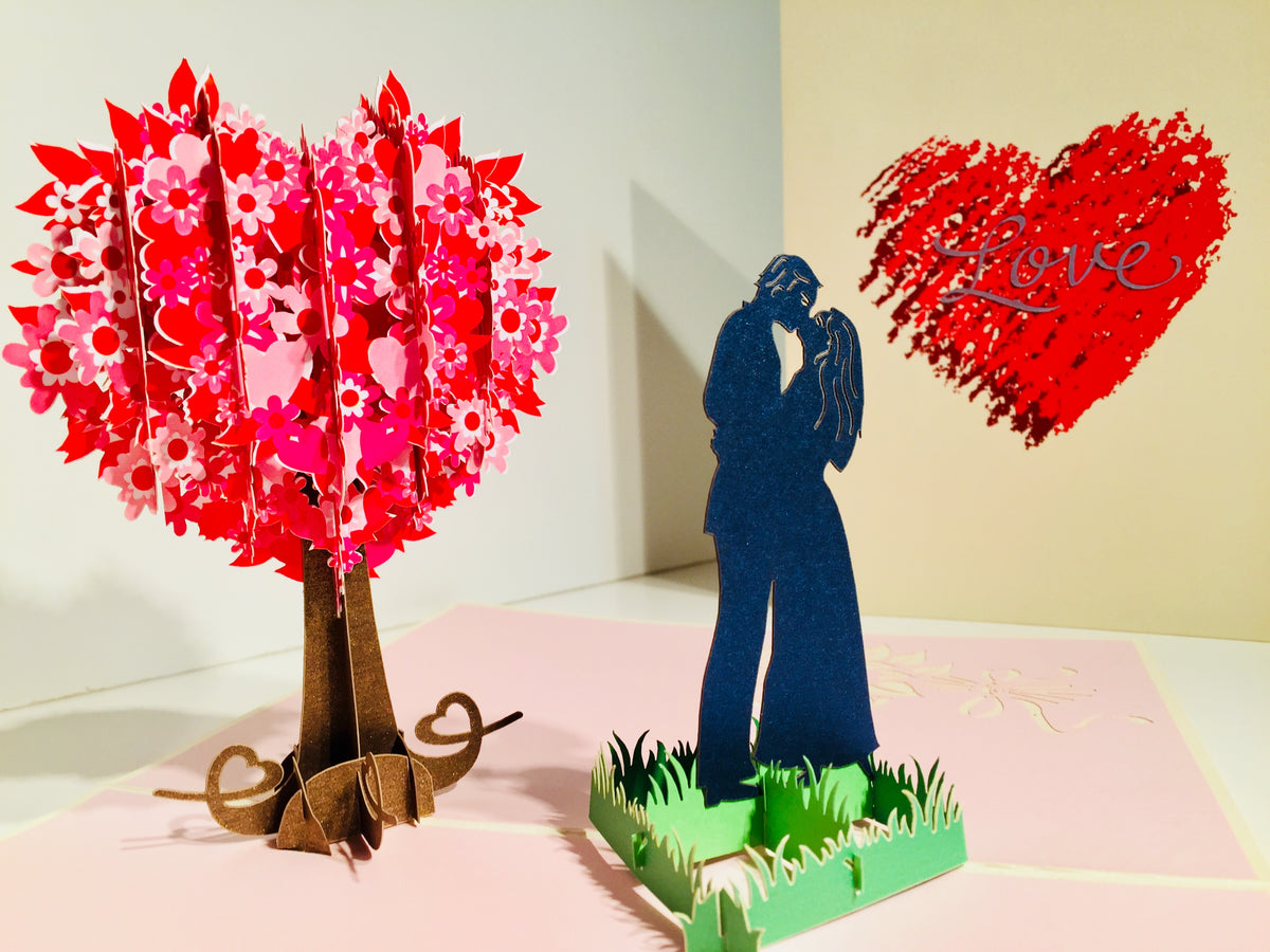 Silhouette Couple Kissing Under a Tree of Love Heart - Origami Pop Cards 3D Pop Up Greeting Card Merry Christmas Thank You Handmade Best Wishes Blank Card Gift Happy Holidays Celebrate the Special Day Moment with Family and Friends