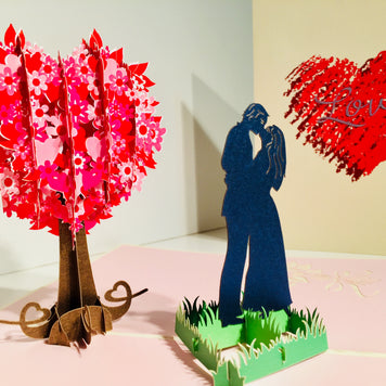 Silhouette Couple Kissing Under a Tree of Love Heart - Origami Pop Cards 3D Pop Up Greeting Card Merry Christmas Thank You Handmade Best Wishes Blank Card Gift Happy Holidays Celebrate the Special Day Moment with Family and Friends