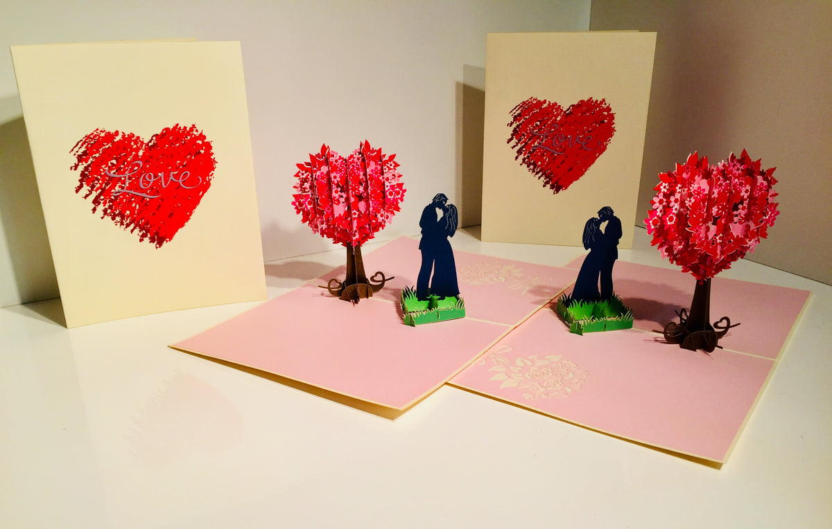 Silhouette Couple Kissing Under a Tree of Love Heart - Origami Pop Cards 3D Pop Up Greeting Card Merry Christmas Thank You Handmade Best Wishes Blank Card Gift Happy Holidays Celebrate the Special Day Moment with Family and Friends
