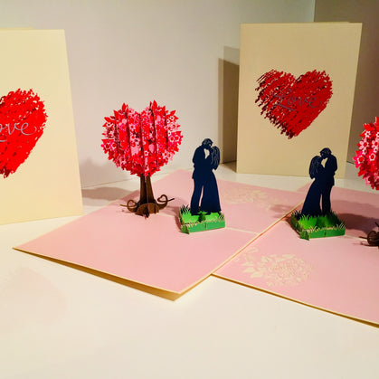 Silhouette Couple Kissing Under a Tree of Love Heart - Origami Pop Cards 3D Pop Up Greeting Card Merry Christmas Thank You Handmade Best Wishes Blank Card Gift Happy Holidays Celebrate the Special Day Moment with Family and Friends