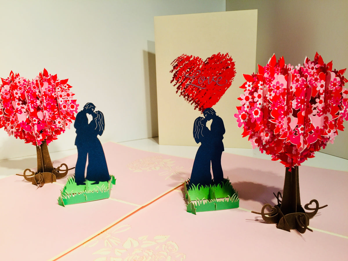 Silhouette Couple Kissing Under a Tree of Love Heart - Origami Pop Cards 3D Pop Up Greeting Card Merry Christmas Thank You Handmade Best Wishes Blank Card Gift Happy Holidays Celebrate the Special Day Moment with Family and Friends