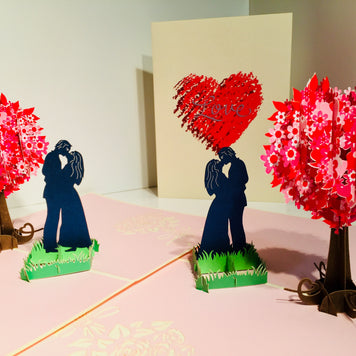 Silhouette Couple Kissing Under a Tree of Love Heart - Origami Pop Cards 3D Pop Up Greeting Card Merry Christmas Thank You Handmade Best Wishes Blank Card Gift Happy Holidays Celebrate the Special Day Moment with Family and Friends