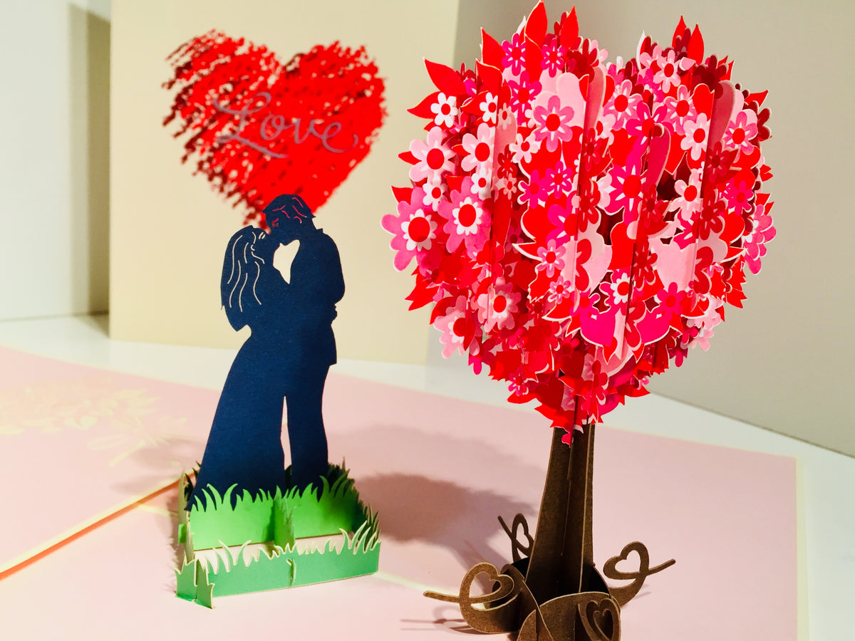Silhouette Couple Kissing Under a Tree of Love Heart - Origami Pop Cards 3D Pop Up Greeting Card Merry Christmas Thank You Handmade Best Wishes Blank Card Gift Happy Holidays Celebrate the Special Day Moment with Family and Friends