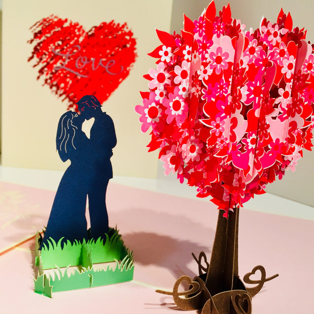 Silhouette Couple Kissing Under a Tree of Love Heart - Origami Pop Cards 3D Pop Up Greeting Card Merry Christmas Thank You Handmade Best Wishes Blank Card Gift Happy Holidays Celebrate the Special Day Moment with Family and Friends