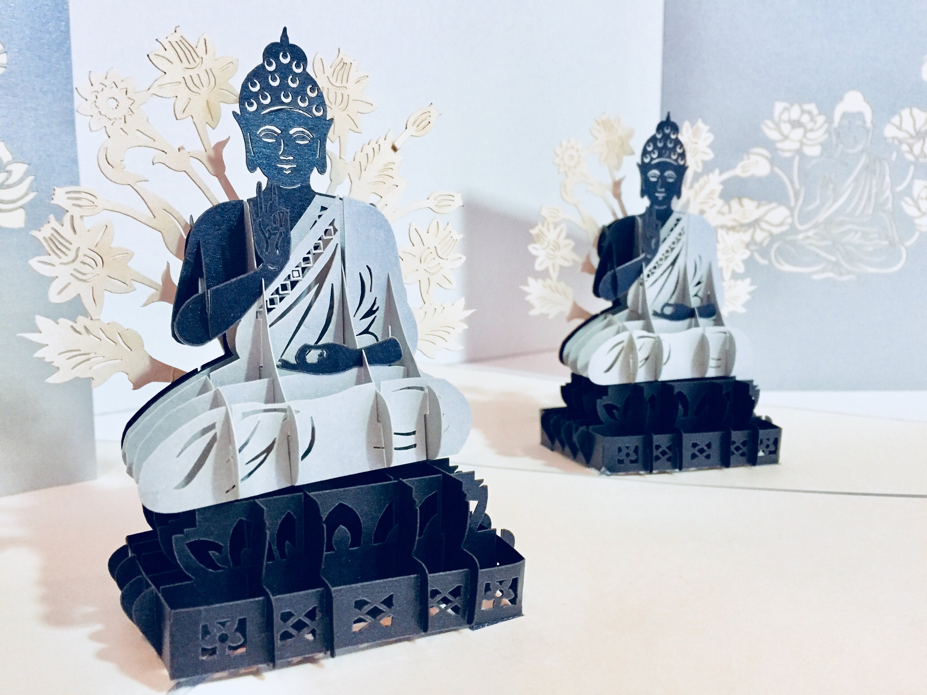 Silver Grey Buddha Origami Pop Cards 3D Pop Up Greeting Card Happy Birthday Thank You Handmade Gift Thinking of You Blank Card for Any Occasion Happy Mother's Day Australiana Celebrate the Beauty of Flower