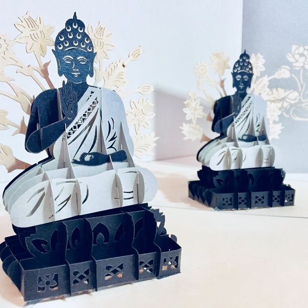 Silver Grey Buddha Origami Pop Cards 3D Pop Up Greeting Card Happy Birthday Thank You Handmade Gift Thinking of You Blank Card for Any Occasion Happy Mother's Day Australiana Celebrate the Beauty of Flower