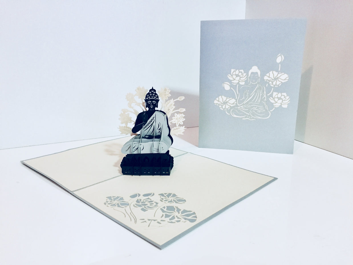 Silver Grey Buddha Origami Pop Cards 3D Pop Up Greeting Card Happy Birthday Thank You Handmade Gift Thinking of You Blank Card for Any Occasion Happy Mother's Day Australiana Celebrate the Beauty of Flower