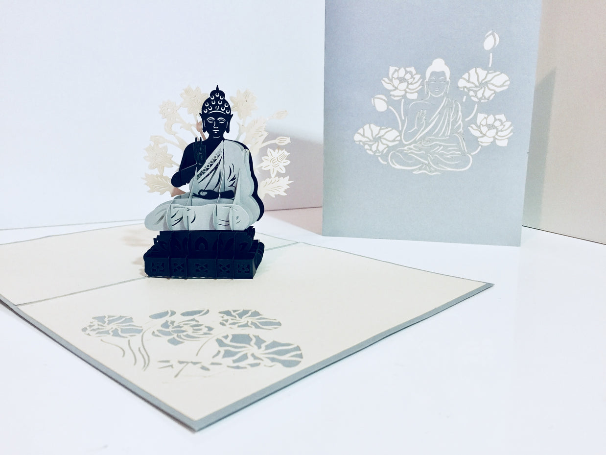 Silver Grey Buddha Origami Pop Cards 3D Pop Up Greeting Card Happy Birthday Thank You Handmade Gift Thinking of You Blank Card for Any Occasion Happy Mother's Day Australiana Celebrate the Beauty of Flower