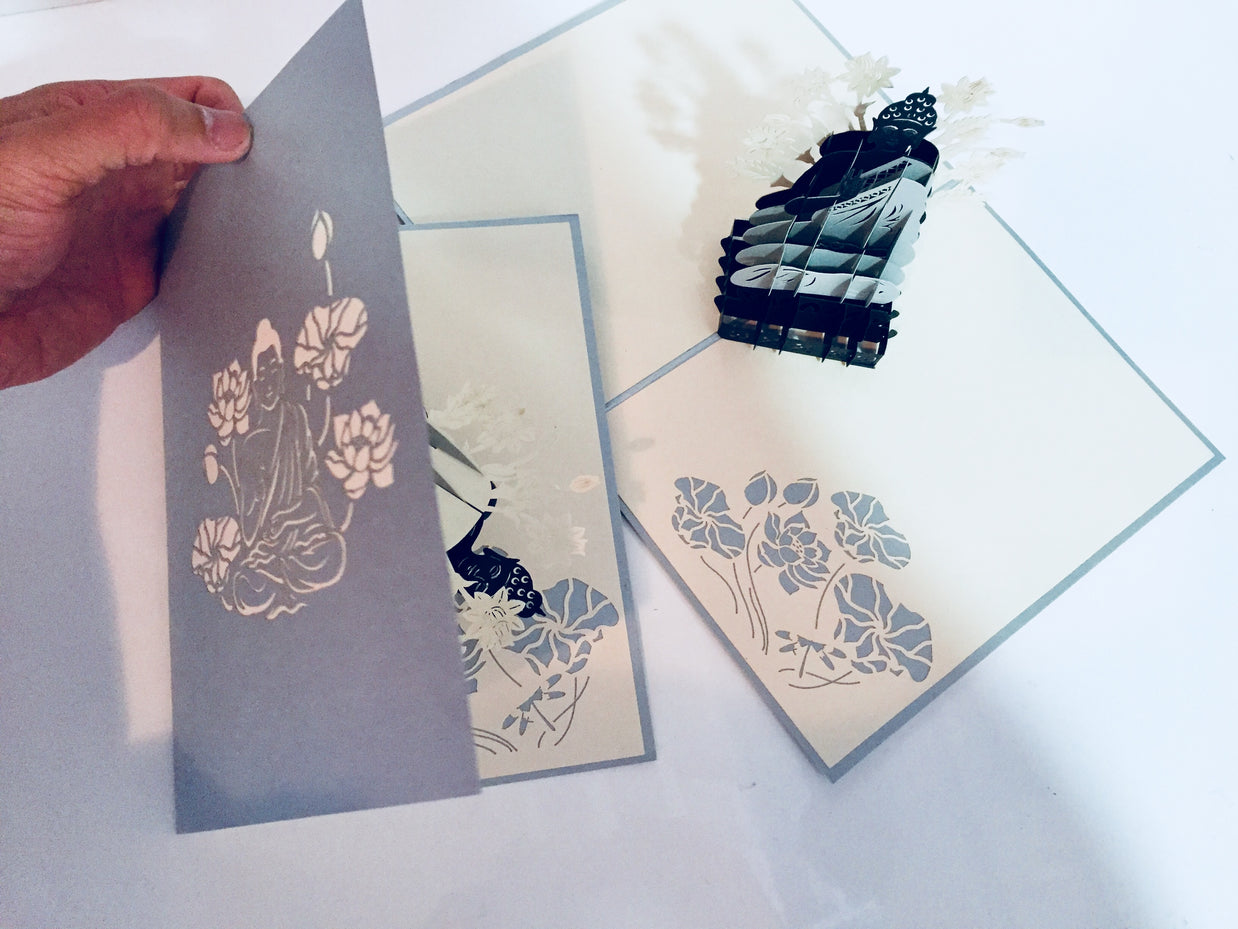 Silver Grey Buddha Origami Pop Cards 3D Pop Up Greeting Card Happy Birthday Thank You Handmade Gift Thinking of You Blank Card for Any Occasion Happy Mother's Day Australiana Celebrate the Beauty of Flower
