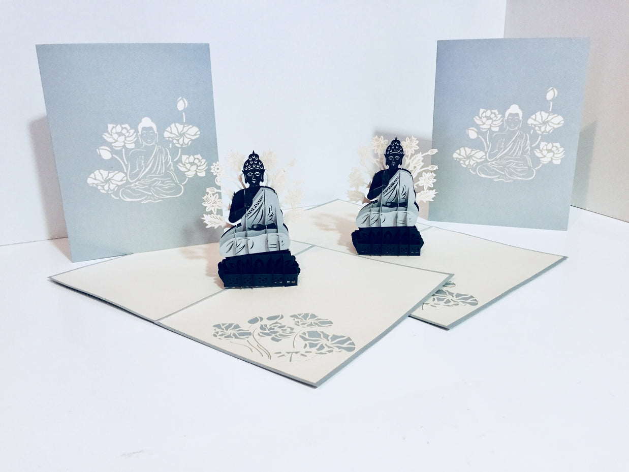 Silver Grey Buddha Origami Pop Cards 3D Pop Up Greeting Card Happy Birthday Thank You Handmade Gift Thinking of You Blank Card for Any Occasion Happy Mother's Day Australiana Celebrate the Beauty of Flower