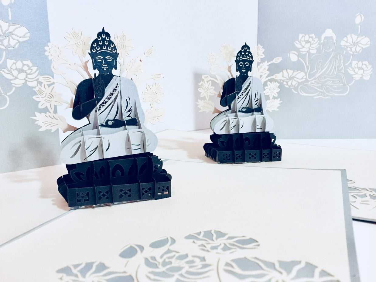 Silver Grey Buddha Origami Pop Cards 3D Pop Up Greeting Card Happy Birthday Thank You Handmade Gift Thinking of You Blank Card for Any Occasion Happy Mother's Day Australiana Celebrate the Beauty of Flower