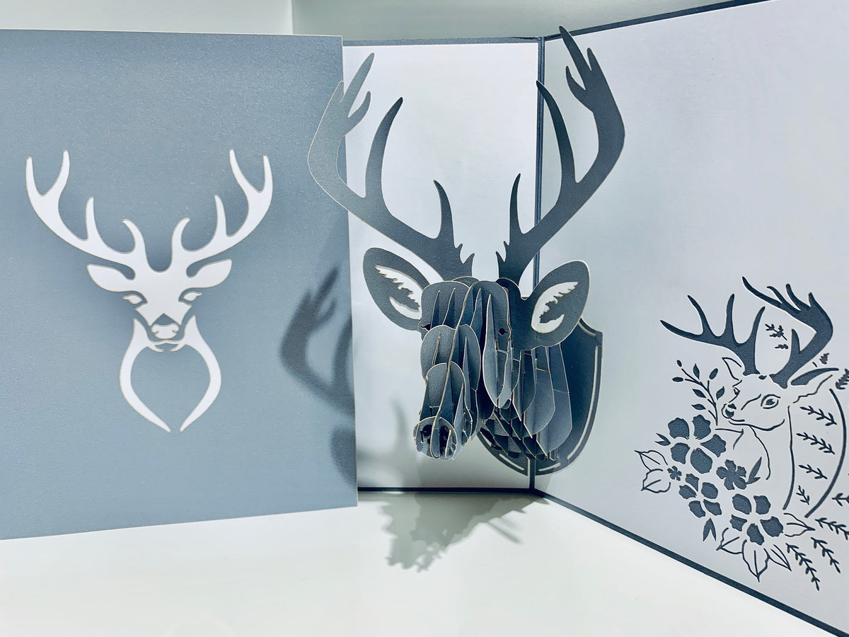 Silver Grey Deer Head Hanging Wall Decor Origami Pop Cards 3D Pop Up Greeting Card Merry Christmas Thank You Handmade Best Wishes Blank Card Gift Happy Holidays Celebrate the Special Day