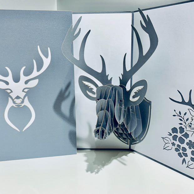 Silver Grey Deer Head Hanging Wall Decor Origami Pop Cards 3D Pop Up Greeting Card Merry Christmas Thank You Handmade Best Wishes Blank Card Gift Happy Holidays Celebrate the Special Day