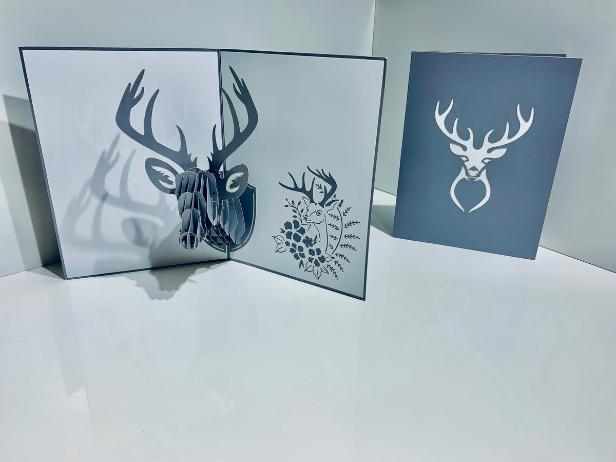 Silver Grey Deer Head Hanging Wall Decor Origami Pop Cards 3D Pop Up Greeting Card Merry Christmas Thank You Handmade Best Wishes Blank Card Gift Happy Holidays Celebrate the Special Day