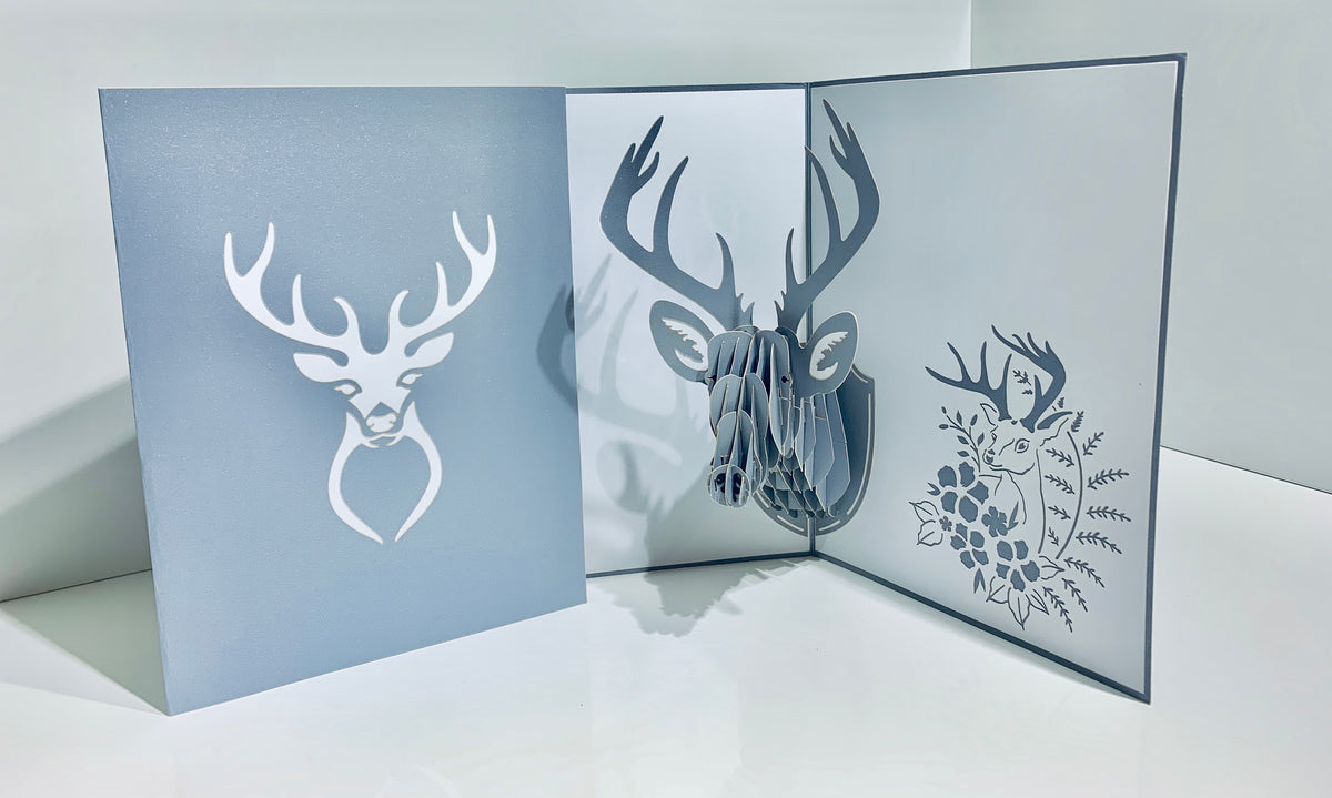 Silver Grey Deer Head Hanging Wall Decor Origami Pop Cards 3D Pop Up Greeting Card Merry Christmas Thank You Handmade Best Wishes Blank Card Gift Happy Holidays Celebrate the Special Day
