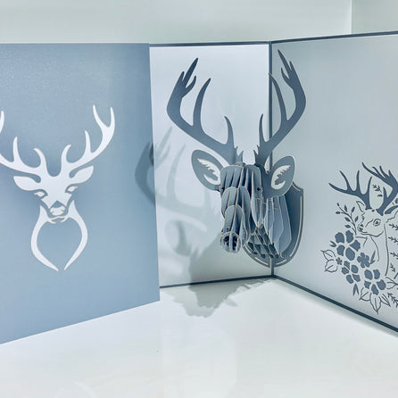 Silver Grey Deer Head Hanging Wall Decor Origami Pop Cards 3D Pop Up Greeting Card Merry Christmas Thank You Handmade Best Wishes Blank Card Gift Happy Holidays Celebrate the Special Day
