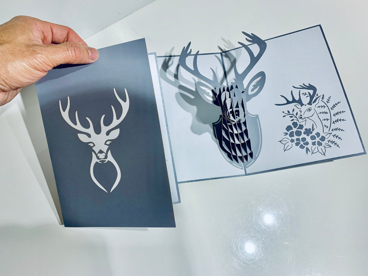 Silver Grey Deer Head Hanging Wall Decor Origami Pop Cards 3D Pop Up Greeting Card Merry Christmas Thank You Handmade Best Wishes Blank Card Gift Happy Holidays Celebrate the Special Day
