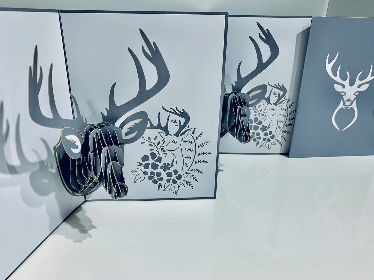 Silver Grey Deer Head Hanging Wall Decor Origami Pop Cards 3D Pop Up Greeting Card Merry Christmas Thank You Handmade Best Wishes Blank Card Gift Happy Holidays Celebrate the Special Day