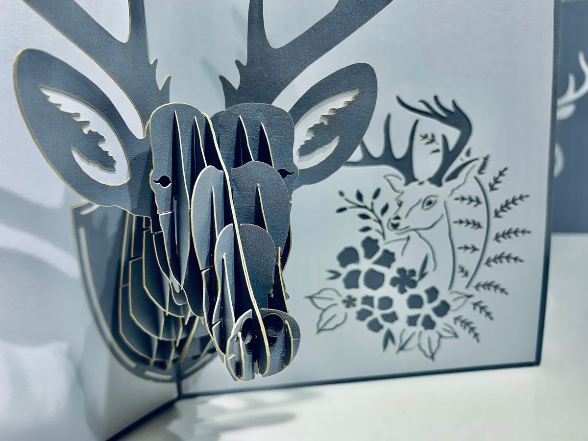 Silver Grey Deer Head Hanging Wall Decor Origami Pop Cards 3D Pop Up Greeting Card Merry Christmas Thank You Handmade Best Wishes Blank Card Gift Happy Holidays Celebrate the Special Day