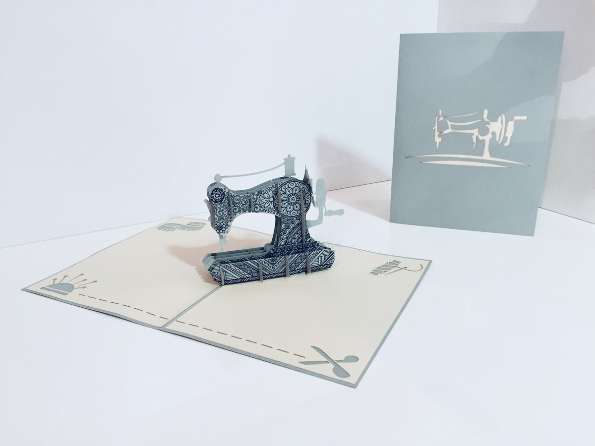 Silver Grey Vintage Sewing Machine Origami Pop Cards 3D Pop Up Greeting Card Thank You Handmade Gift Thinking of You Happy Birthday Occasion Australiana Celebrate the Beauty and Happiness During Special Day Best Wishes Gift