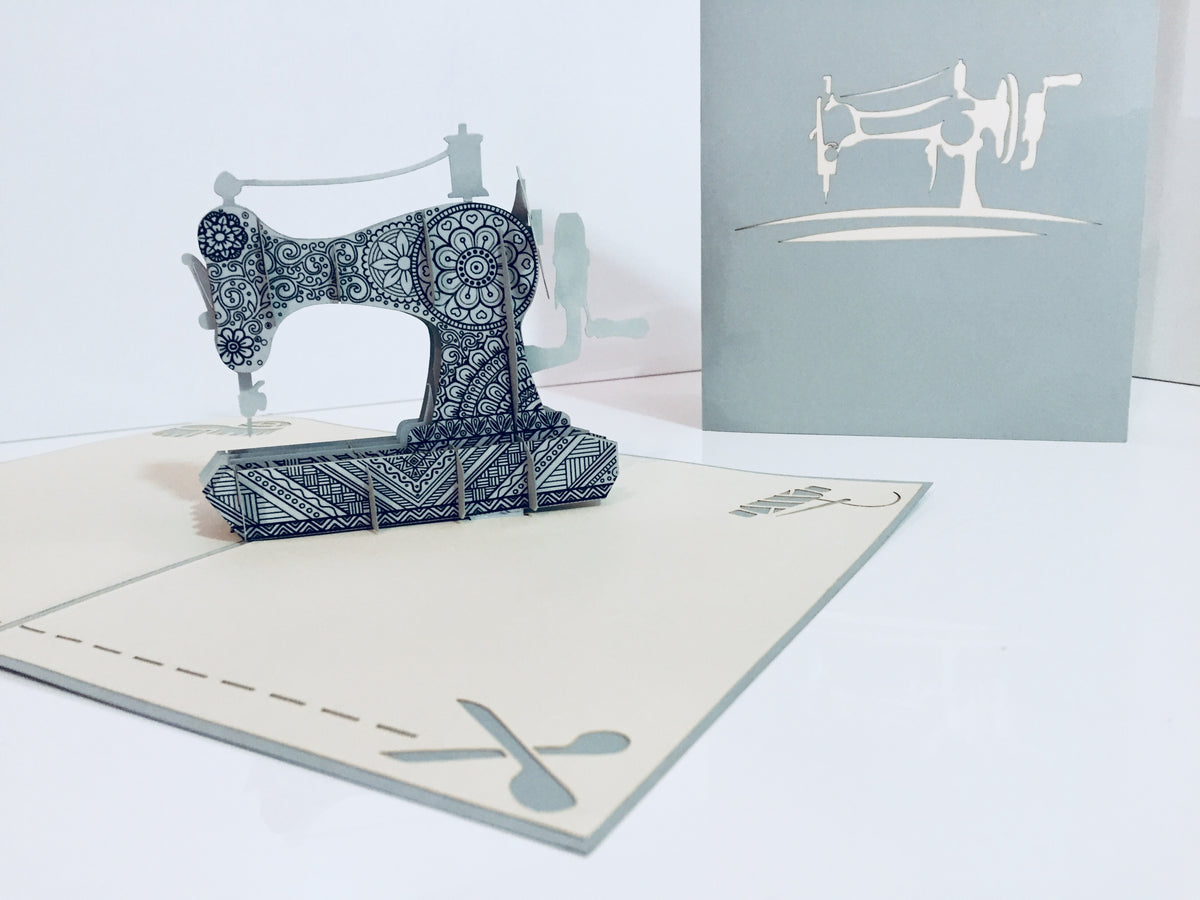 Silver Grey Vintage Sewing Machine Origami Pop Cards 3D Pop Up Greeting Card Thank You Handmade Gift Thinking of You Happy Birthday Occasion Australiana Celebrate the Beauty and Happiness During Special Day Best Wishes Gift