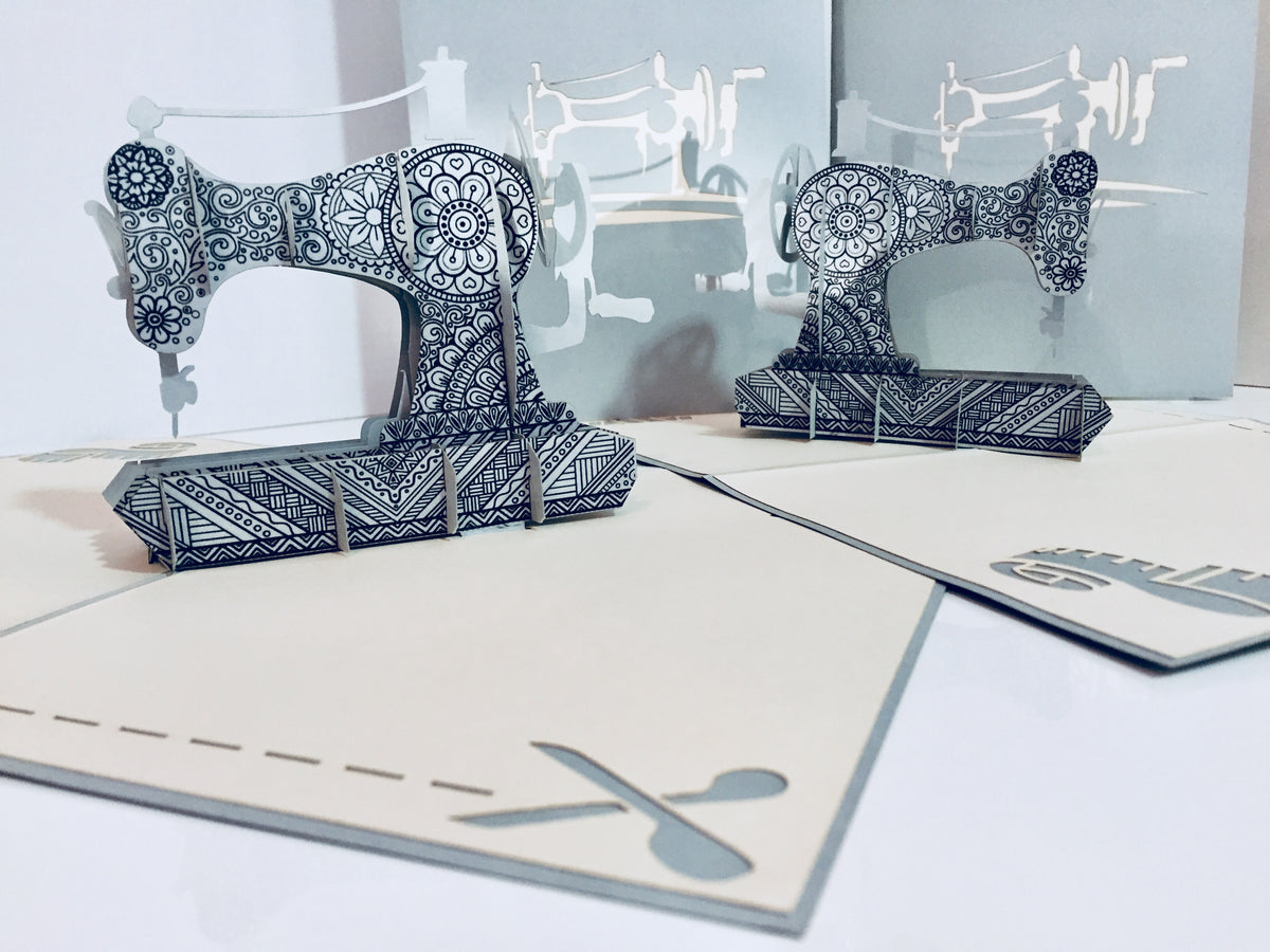 Silver Grey Vintage Sewing Machine Origami Pop Cards 3D Pop Up Greeting Card Thank You Handmade Gift Thinking of You Happy Birthday Occasion Australiana Celebrate the Beauty and Happiness During Special Day Best Wishes Gift