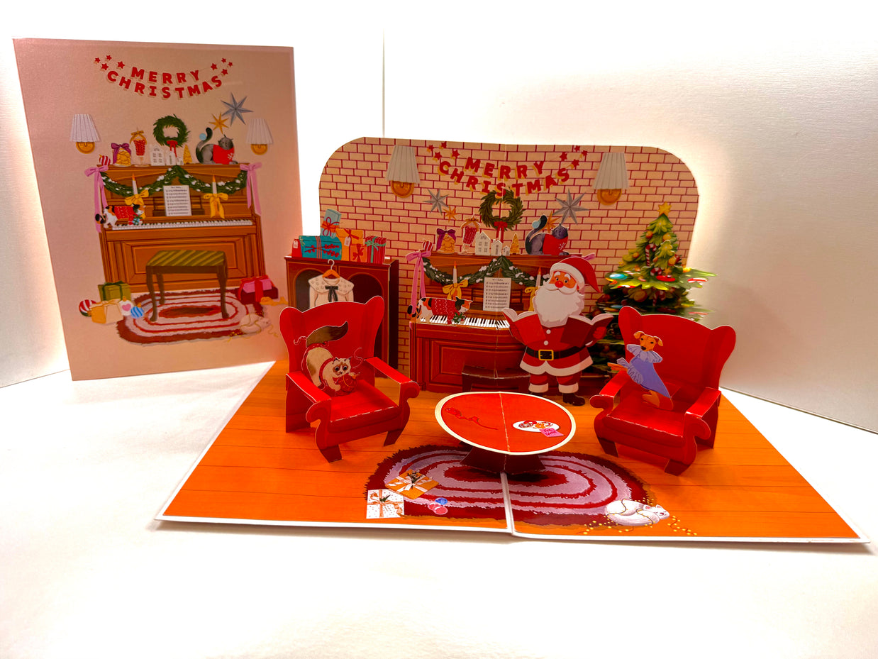 Singing Santa Merry Christmas Medley with His Best Friends - Dog & Cat 3D Origami Pop Cards 3D Pop Up Greeting Card Merry Christmas Thank You Handmade Best Wishes Blank Card Gift Happy Holidays Celebrate the Special Day