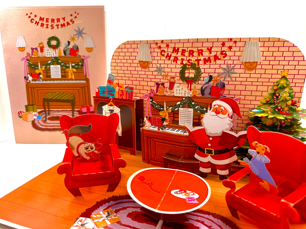 Singing Santa Merry Christmas Medley with His Best Friends - Dog & Cat 3D Origami Pop Cards 3D Pop Up Greeting Card Merry Christmas Thank You Handmade Best Wishes Blank Card Gift Happy Holidays Celebrate the Special Day