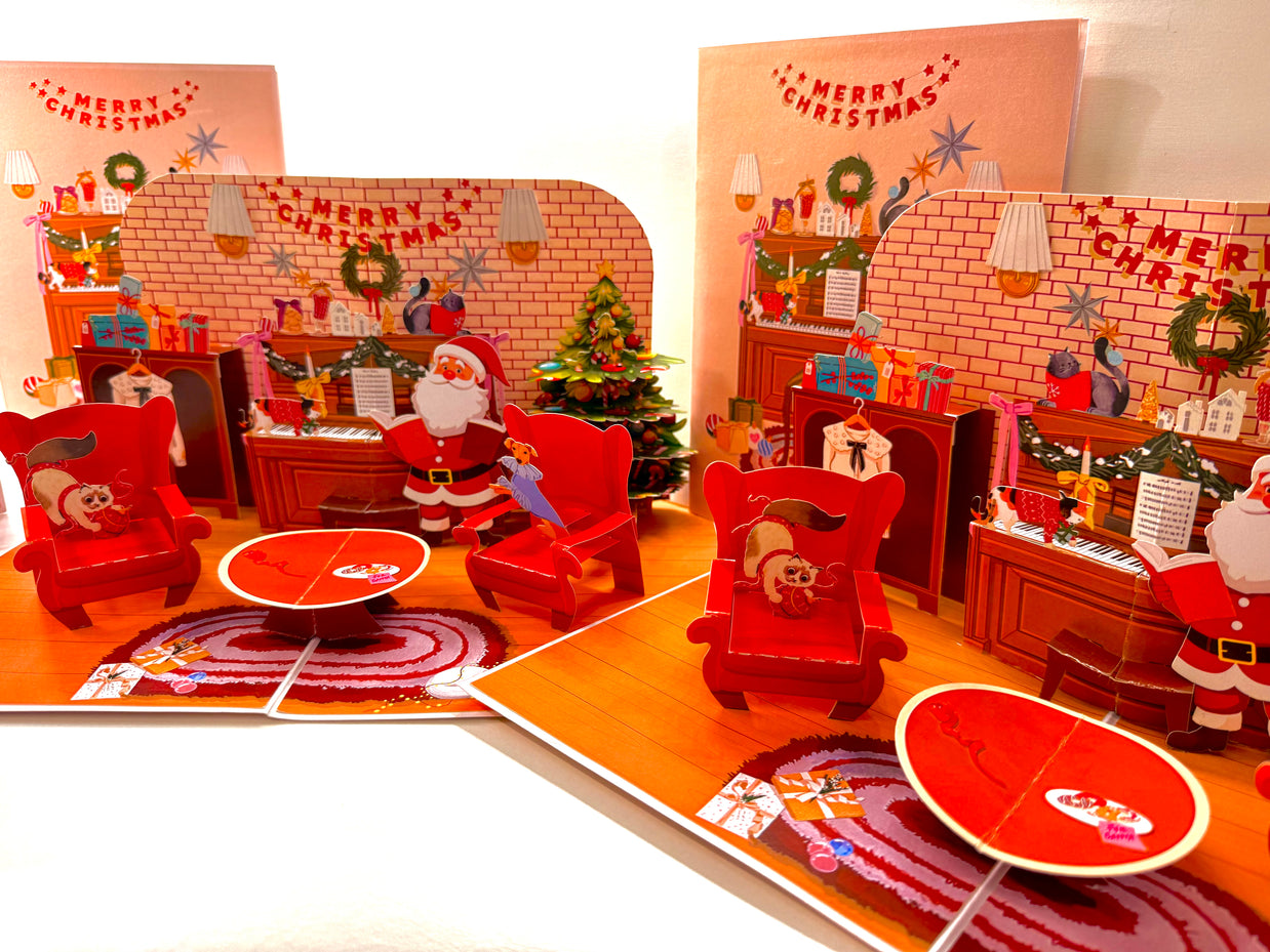 Singing Santa Merry Christmas Medley with His Best Friends - Dog & Cat 3D Origami Pop Cards 3D Pop Up Greeting Card Merry Christmas Thank You Handmade Best Wishes Blank Card Gift Happy Holidays Celebrate the Special Day