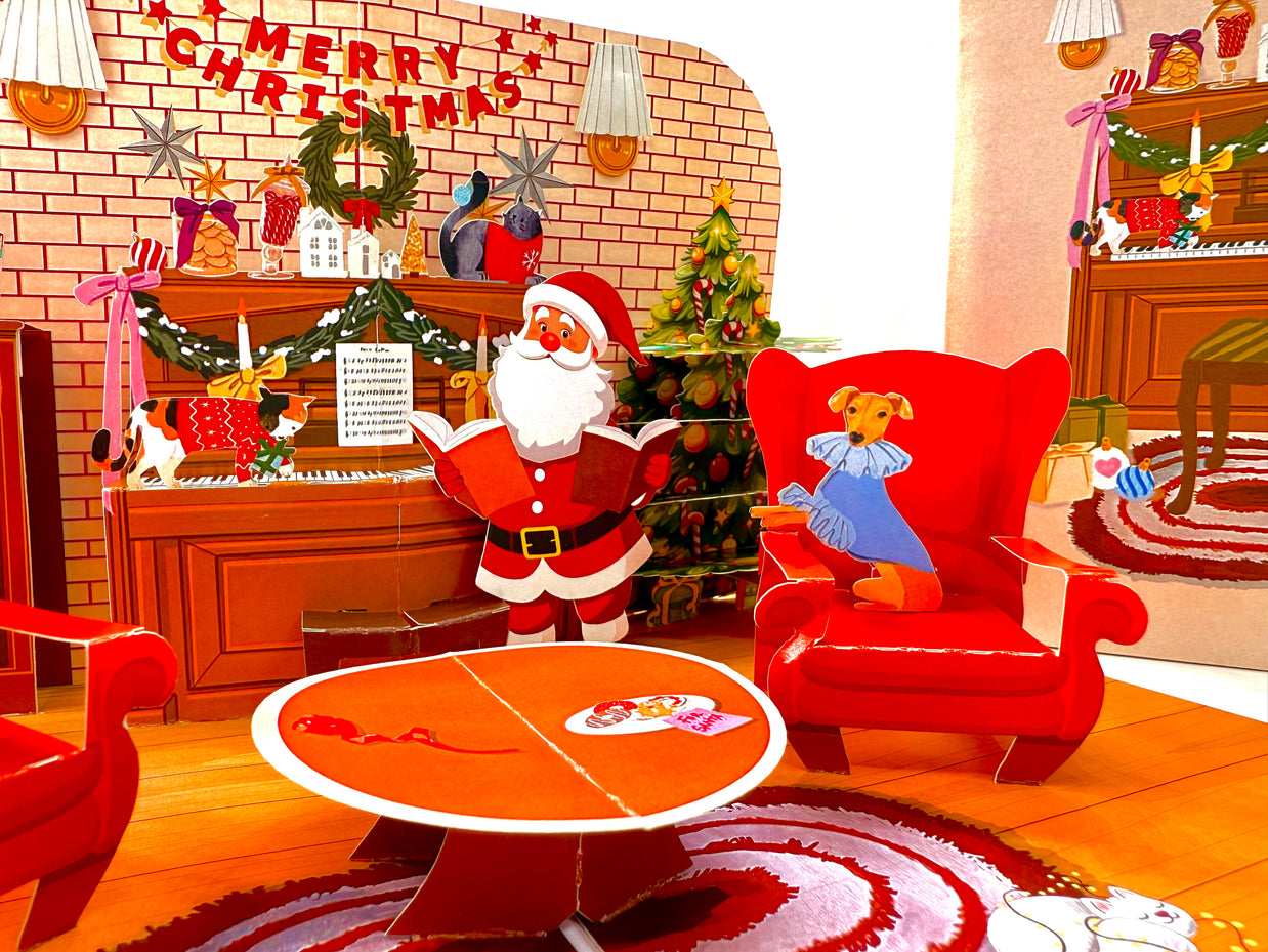 Singing Santa Merry Christmas Medley with His Best Friends - Dog & Cat 3D Origami Pop Cards 3D Pop Up Greeting Card Merry Christmas Thank You Handmade Best Wishes Blank Card Gift Happy Holidays Celebrate the Special Day