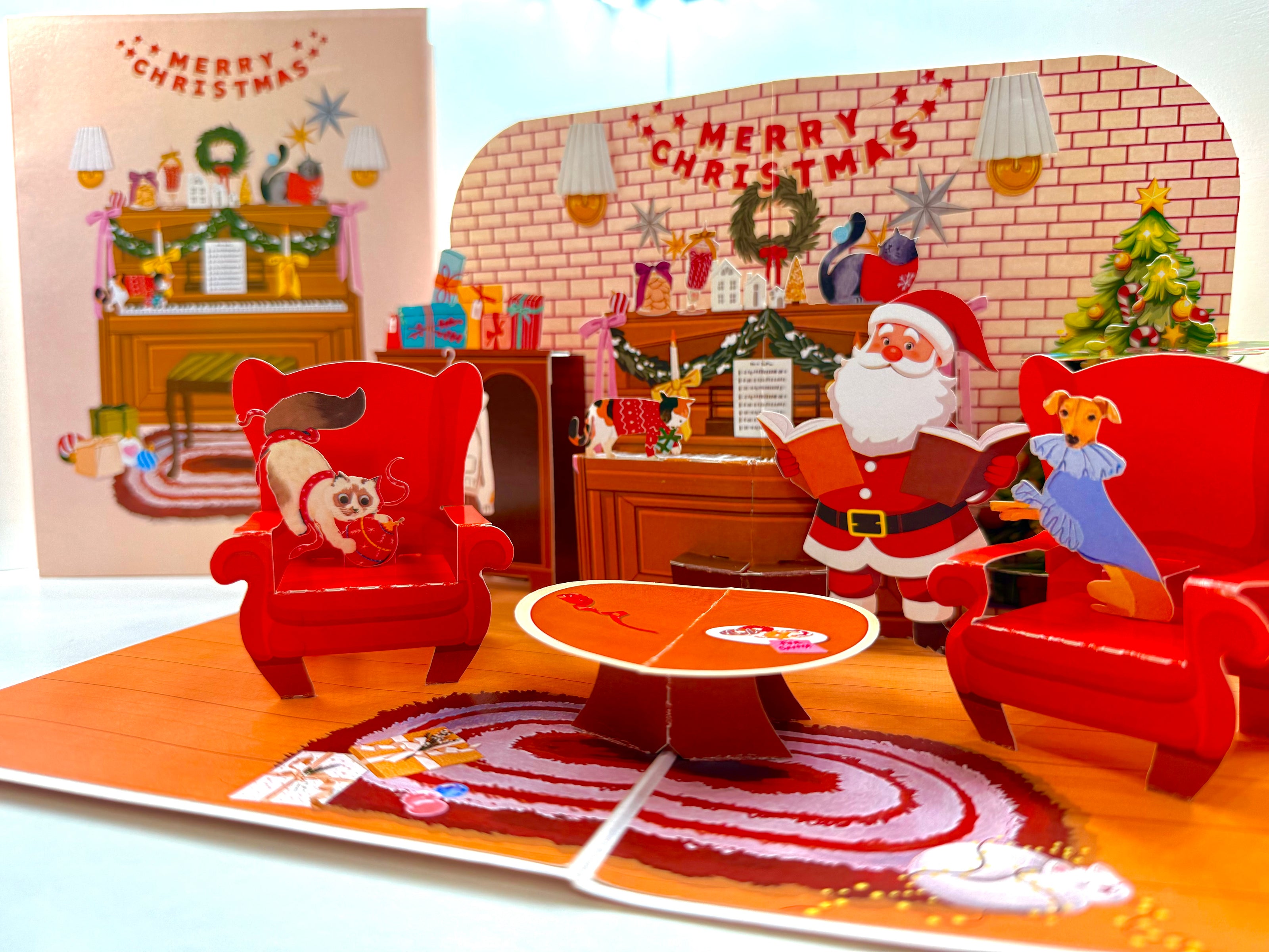 Singing Santa Merry Christmas Medley with His Best Friends - Dog & Cat 3D Origami Pop Cards 3D Pop Up Greeting Card Merry Christmas Thank You Handmade Best Wishes Blank Card Gift Happy Holidays Celebrate the Special Day