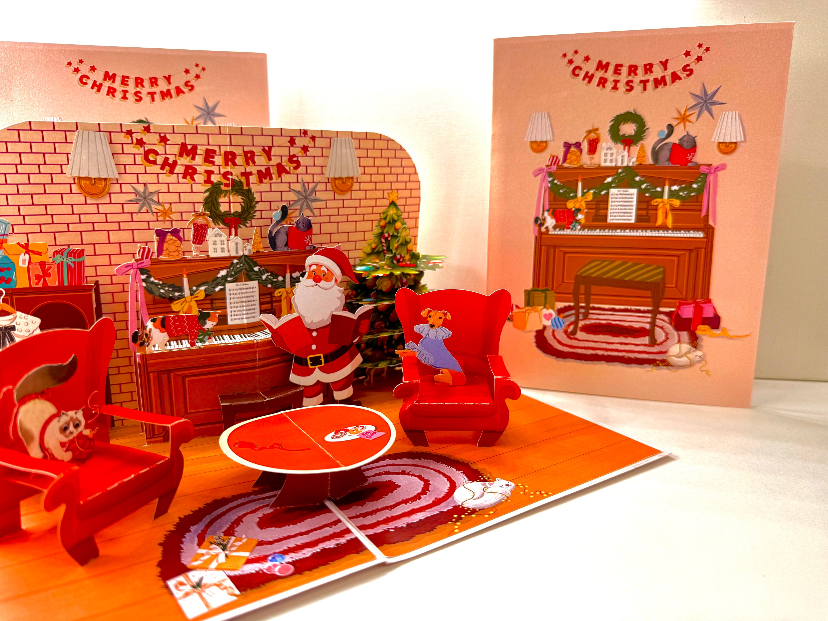 Singing Santa Merry Christmas Medley with His Best Friends - Dog & Cat 3D Origami Pop Cards 3D Pop Up Greeting Card Merry Christmas Thank You Handmade Best Wishes Blank Card Gift Happy Holidays Celebrate the Special Day