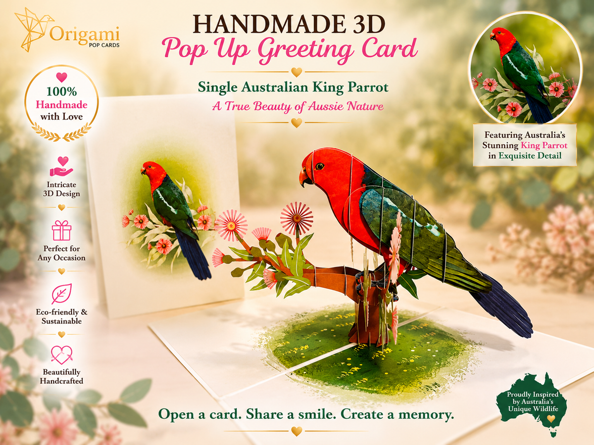 Single Australian King Parrot - Aussie Bird Origami Pop Cards 3D Pop Up Greeting Card Celebrate Happy Birthday Thank You Handmade Best Wishes Gift Thinking of You Blank Card for Any Occasion Happy Mother's Day Happy Father's Day Australiana Birds