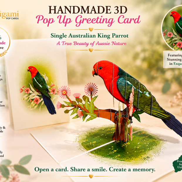 Single Australian King Parrot - Aussie Bird Origami Pop Cards 3D Pop Up Greeting Card Celebrate Happy Birthday Thank You Handmade Best Wishes Gift Thinking of You Blank Card for Any Occasion Happy Mother's Day Happy Father's Day Australiana Birds