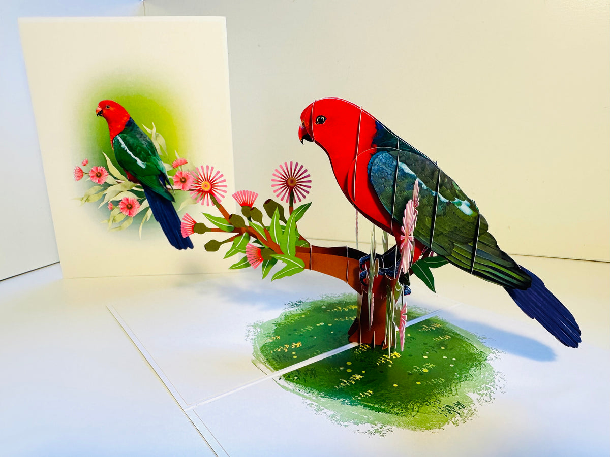 Single Australian King Parrot - Aussie Bird Origami Pop Cards 3D Pop Up Greeting Card Celebrate Happy Birthday Thank You Handmade Best Wishes Gift Thinking of You Blank Card for Any Occasion Happy Mother's Day Happy Father's Day Australiana Birds