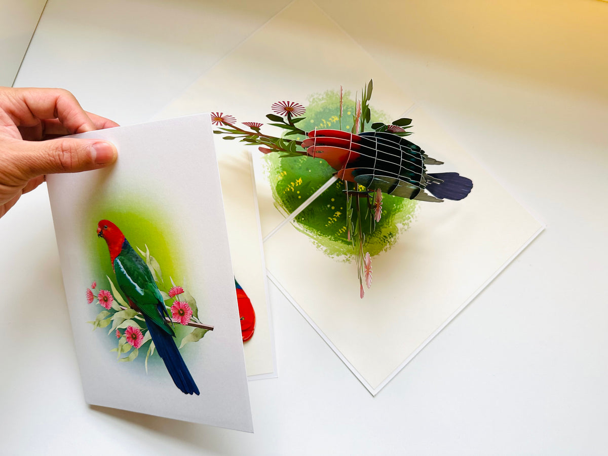 Single Australian King Parrot - Aussie Bird Origami Pop Cards 3D Pop Up Greeting Card Celebrate Happy Birthday Thank You Handmade Best Wishes Gift Thinking of You Blank Card for Any Occasion Happy Mother's Day Happy Father's Day Australiana Birds