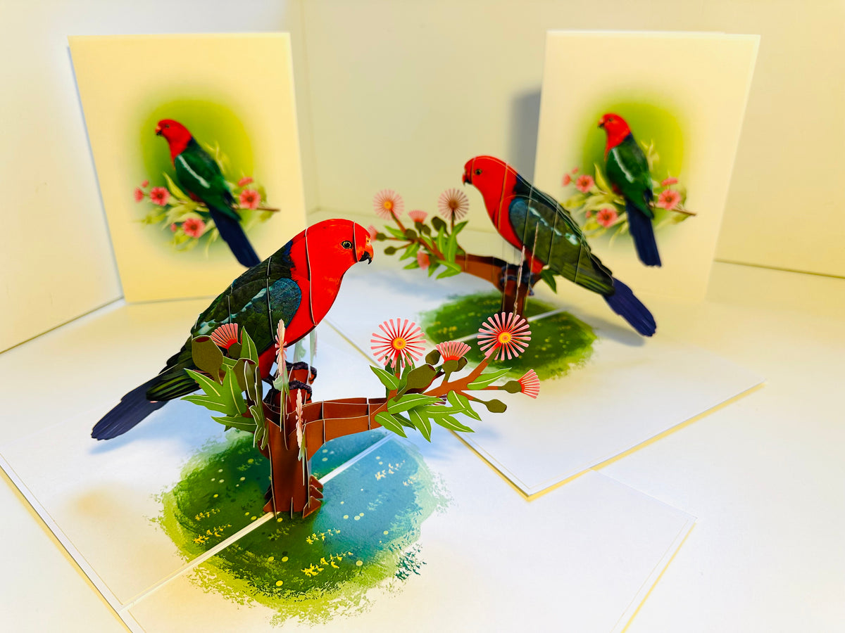 Single Australian King Parrot - Aussie Bird Origami Pop Cards 3D Pop Up Greeting Card Celebrate Happy Birthday Thank You Handmade Best Wishes Gift Thinking of You Blank Card for Any Occasion Happy Mother's Day Happy Father's Day Australiana Birds