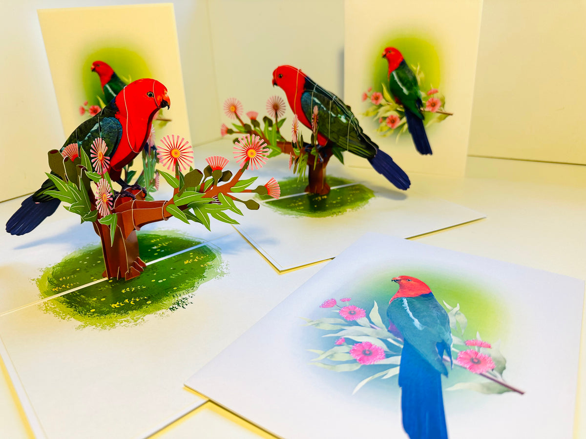 Single Australian King Parrot - Aussie Bird Origami Pop Cards 3D Pop Up Greeting Card Celebrate Happy Birthday Thank You Handmade Best Wishes Gift Thinking of You Blank Card for Any Occasion Happy Mother's Day Happy Father's Day Australiana Birds