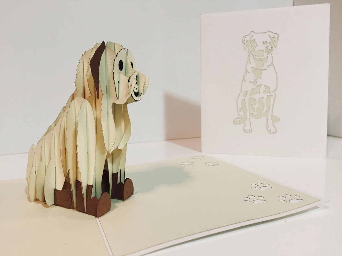 Super Cute Sitting Dog in Cream White - Perfect for Dog Lovers Origami Pop Cards 3D Pop Up Greeting Card Happy Birthday Thank You Handmade Happy Father's Day Australiana Celebration Gift Thinking of You Blank Card for Any Occasion Happy Friendship's Day