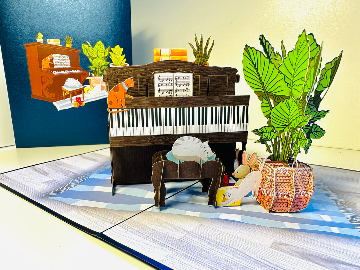 Sleepy Musical Cats on a Piano! ~ Perfect Gifts for Crazy Cat Lovers Origami Pop Cards 3D Pop Up Greeting Card Best Wishes Happy Birthday Gift Thank You Handmade Best Wishes Blank Card for Any Occasion Happy Mother's Day Happy Father's Day Celebration