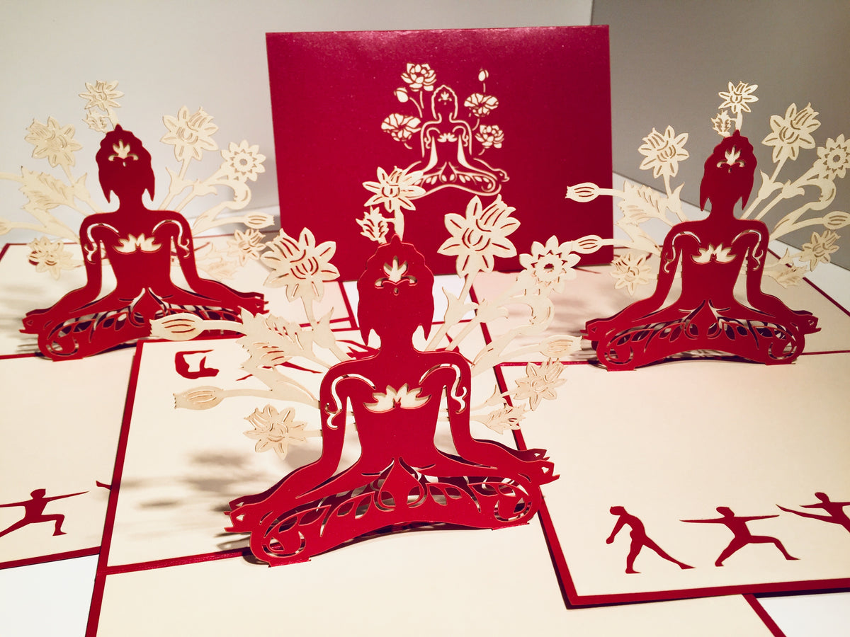 Metallic Red Buddha Yoga Origami Pop Cards 3D Pop Up Greeting Card Happy Birthday Thank You Handmade Gift Thinking of You Blank Card for Any Occasion Happy Mother's Day Australiana Celebrate the Beauty of Flower