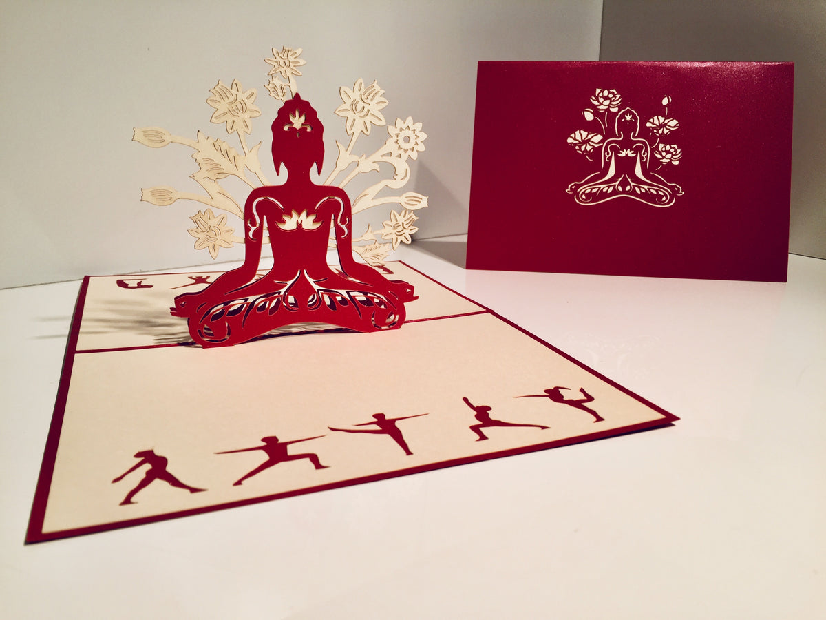 Metallic Red Buddha Yoga Origami Pop Cards 3D Pop Up Greeting Card Happy Birthday Thank You Handmade Gift Thinking of You Blank Card for Any Occasion Happy Mother's Day Australiana Celebrate the Beauty of Flower
