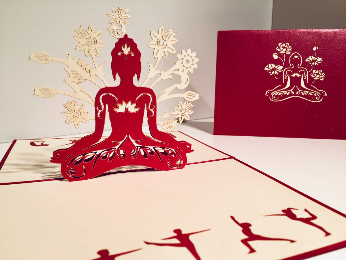 Metallic Red Buddha Yoga Origami Pop Cards 3D Pop Up Greeting Card Happy Birthday Thank You Handmade Gift Thinking of You Blank Card for Any Occasion Happy Mother's Day Australiana Celebrate the Beauty of Flower
